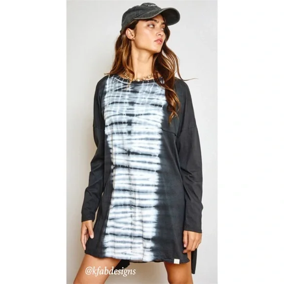❤️LAST ONE! Boho Black Cotton Long Tie Dye Oversized Tunic w/Side Slits - Picture 2 of 5